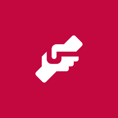 White handshake icon on red background.