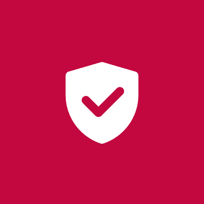 Shield icon with check mark on red background.