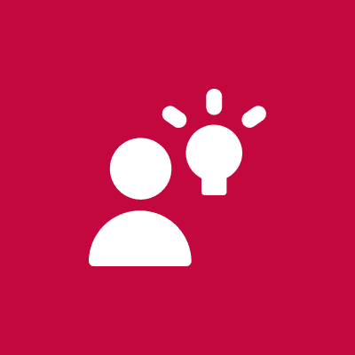 Person icon with lightbulb on red background.
