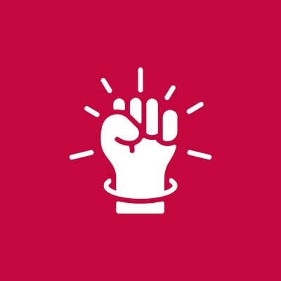 Raised fist with rays on red background.